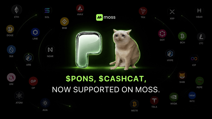 A promotional graphic for Moss announcing that $PONS and $CASHCAT are now supported, surrounded by various crypto token logos including ETH, SOL, BNB, BTC, and PEPE.