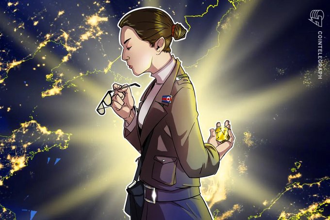 A stylized illustration depicts a woman in a military-style uniform with a North Korean flag pin, holding glasses in one hand and gold bars or coins in the other, set against a backdrop of a glowing world map at night. The image, credited to Cointelegraph, visually represents the report about North Korea's arrest of a crypto-linked bank hacking ring, symbolizing the intersection of military authority, illicit financial activity, and cryptocurrency.