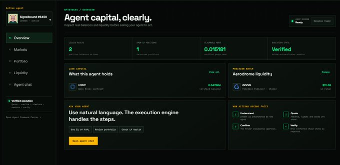 A dark-themed dashboard for "Signalbound PRADO" displays an Agent capital overview for NFTSTOCKS, showing 2 linked assets, 1 open LP position, 0.015181 current APY, and a "Verified" execution state, alongside live capital holdings (USDC $547,884) and Aerodrome liquidity ($12.89), aligning with the post's announcement of the NFTSTOCKS platform being live on signalbound.art.