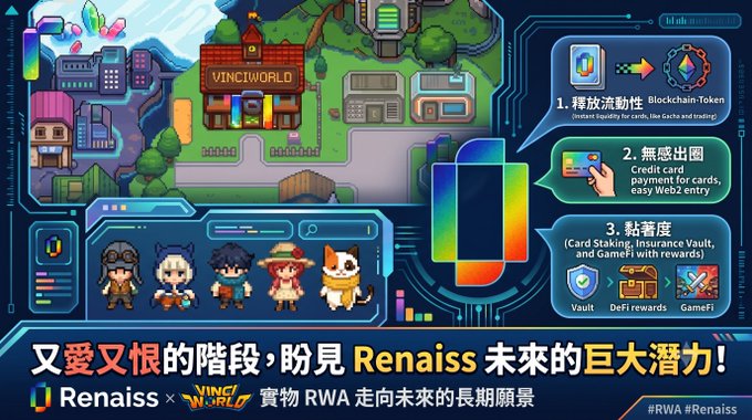 The image is an advertisement for the blockchain game Renaiss World, featuring a colorful digital community map and character icons, proclaiming the immense future potential of the project. The accompanying post by a community member reflects on their five-month journey of collecting SBTs and cards within the game, expressing hope for growth while also candidly discussing areas in Renaiss that require enhancement, highlighting both the enthusiasm and constructive feedback within the community.