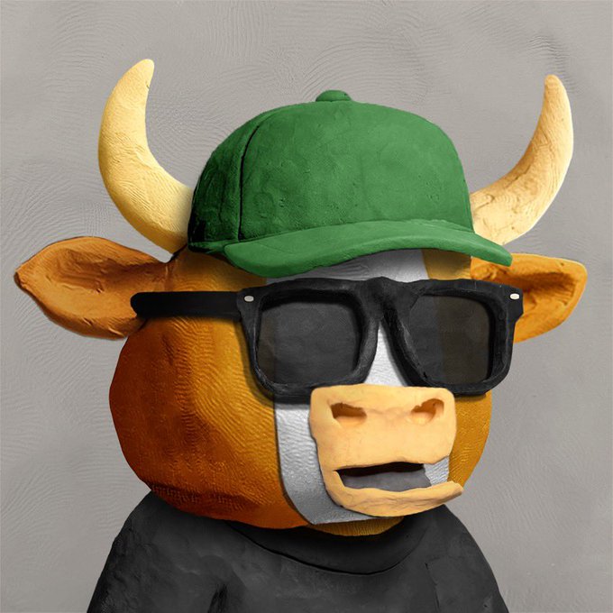 A 3D-rendered claymation-style bull character wearing a green cap and black sunglasses against a gray background.