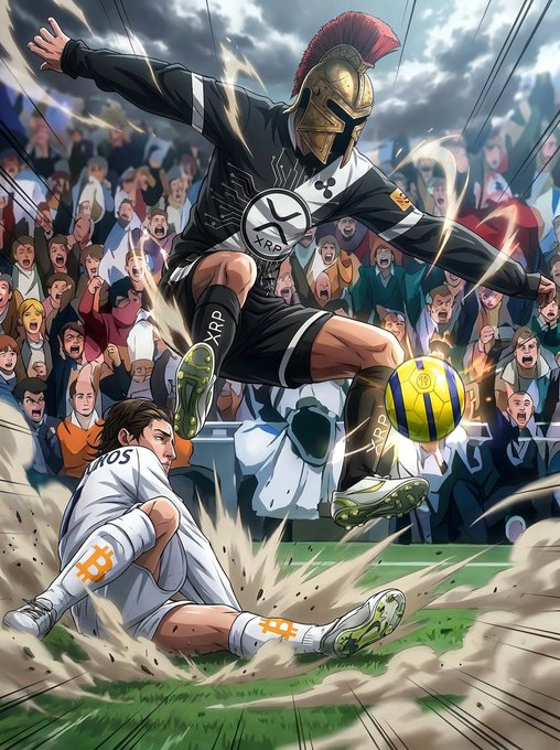 An anime-style soccer player in a Spartan helmet, with "XRP" emblazoned on his jersey and leg, leaps dynamically over a fallen opponent in a Bitcoin-branded kit, striking a yellow-and-black XRP ball mid-air. The image illustrates the post's spoiler that XRP "wins" by depicting it as a triumphant gladiator dominating Bitcoin on the crypto "battlefield."