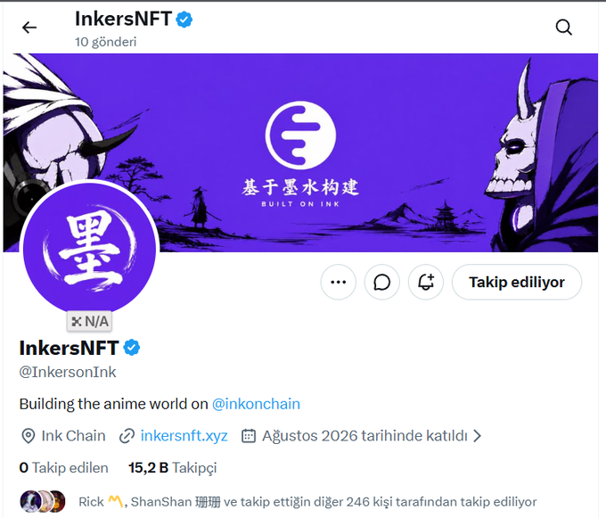 A verified Twitter/X profile page for "InkersNFT" (@InkersonInk), featuring a purple banner with Japanese-inspired artwork and the tagline "基于墨水构建 / BUILT ON INK," showing 15.2K followers and a join date of August 2026. The image represents the collaboration partner mentioned in the giveaway announcement, which offers 5 GTD spots on the INK Network for $3 to followers of both accounts.