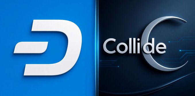 Two cryptocurrency logos are displayed side-by-side: the Dash logo on a blue background and the CollideCurrency logo on a dark background.