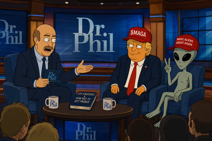 In a humorous "Dr. Phil" episode, Donald Trump wears a "$MAGA" hat and sits next to an alien wearing a "Make Aliens Great Again" hat, mirroring the post's sentiment about a "cult" project.