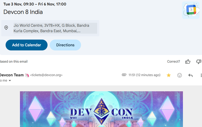 An image showing a calendar event for "Devcon 8 India" in Mumbai, scheduled for Tuesday, Nov 3, to Friday, Nov 6. This event matches the user's upcoming attendance in Mumbai for Devcon 8 during the first week of November.