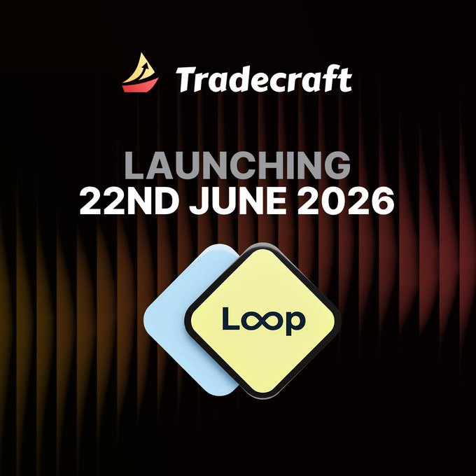 The image shows a promotional poster for Loop Wallet, an upcoming app that uses a blockchain technology called loopchain. The poster features two squares, one blue and one yellow with a white logo, located at the bottom of the screen. Below this, there is a description in bold letters about a new feature "loop" that will be released on June 22nd. In the background, a bar graph indicates that Tradecraft has been involved in developing Loop since January, showcasing their commitment to integrating blockchain technology into financial services offerings.