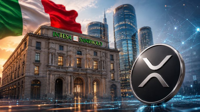 The image shows the Intesa Sanpaolo building in Italy, overlaid with an XRP coin, symbolizing the bank's reported ownership of 712,000 shares in the Grayscale XRP Trust.