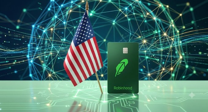 A small American flag stands next to a green Robinhood credit card on a reflective surface against a glowing blue network and digital globe background.