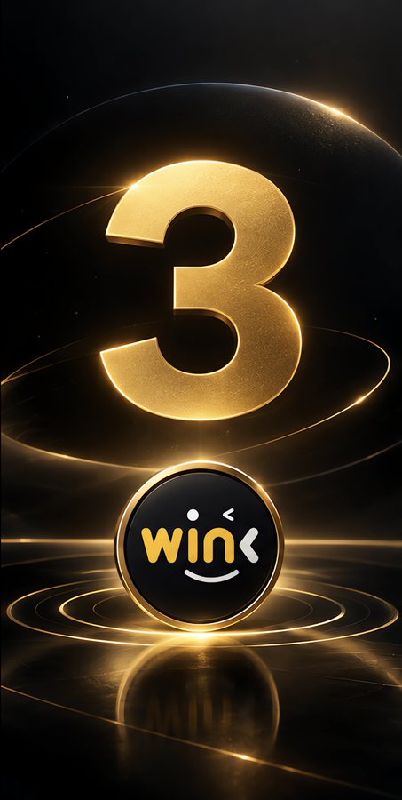 A digital graphic displaying a large, glowing golden number '3' hovering above a black circular badge with the 'win' brand logo, set against a dark, reflective background.