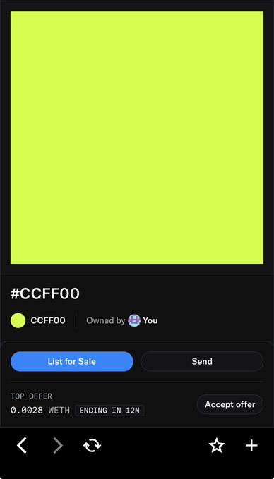 A digital NFT marketplace listing for the color #CCFF00 (a bright yellow-green), owned by the user and available for sale with a top offer of 0.0028 WETH, visually representing the user's "minted Square" on Robinhood referenced in the caption.