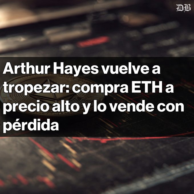 A Spanish-language news graphic from a publication with an "MH" logo, with text reading "Arthur Hayes vuelve a tropezar: compra ETH a precio alto y lo vende con pérdida" overlaid on a background of an Ethereum coin and a circuit board.