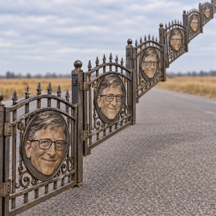A row of ornate iron gates lines a roadside, each gate featuring a portrait of Bill Gates with his signature glasses.