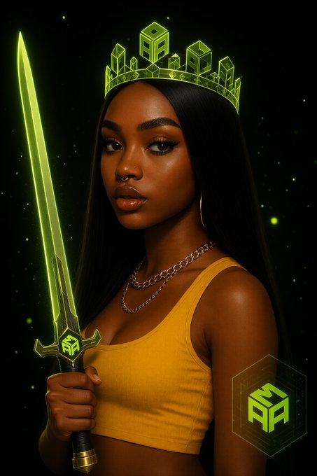 A digital artwork depicts a woman wearing a glowing green crown and holding a matching green sword, with an 'AXA' logo visible in the corner.