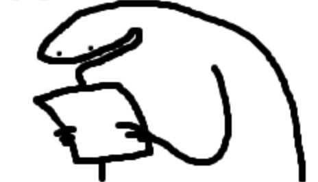 A simple black-and-white line drawing depicts a blob-like creature reading a piece of paper.