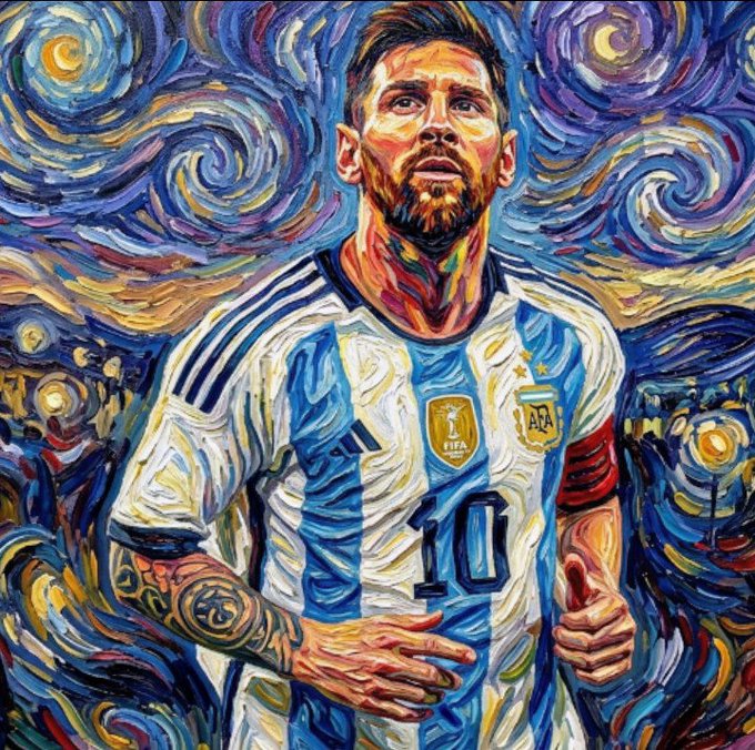 Stylized Van Gogh-inspired digital painting of soccer player Lionel Messi wearing the Argentina national team jersey with the number 10, set against a swirling blue starry night background.