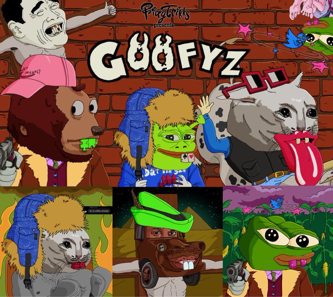 A vibrant cartoon-style promotional image titled "PhunkTonics presents GOOFYZ" features a cast of quirky characters—including a bear in a pink cap, a green-faced figure with a furry hood, and a cow with a tongue sticking out—set against a brick wall background, with additional NFT thumbnails displayed below. The illustration ties directly to the launch announcement for the GOOFYZ NFT collection on the Robinhood Chain, which has now moved from its sold-out whitelist phase to public minting.