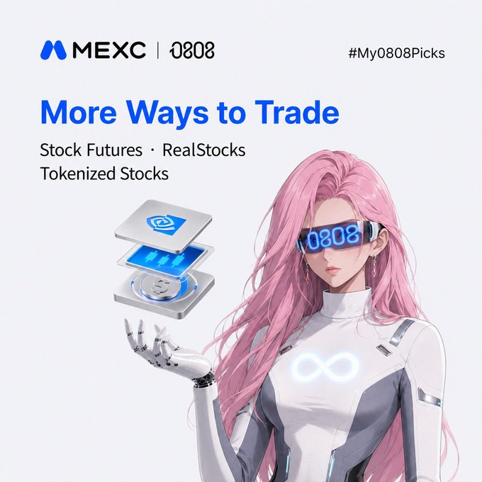 An advertisement for MEXC and 0808 features a pink-haired anime-style character in futuristic white attire with '0808' displayed on her visor, promoting 'More Ways to Trade' including Stock Futures, RealStocks, and Tokenized Stocks.
