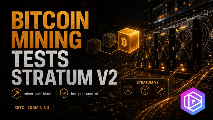 A graphic titled "BITCOIN MINING TESTS STRATUM V2" with features "miner-built blocks" and "less pool control," tagged with $BTC and $GOMINING, alongside an illustration of Stratum V2 connecting miners to the network.