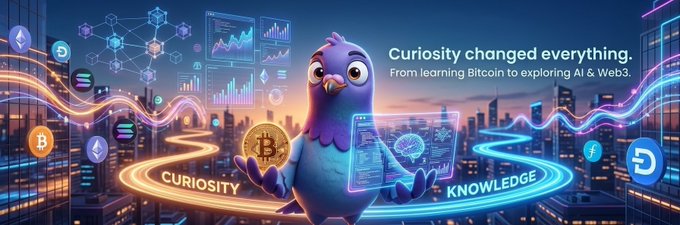 The image features a cartoon pigeon holding a Bitcoin coin above its head with the caption "Curiosity changed everything from earning Bitcoin to exploring & learning about this new digital economy." The pigeon appears to be holding the Bitcoin coin, symbolizing curiosity leading to an interest in cryptocurrency and its potential uses.