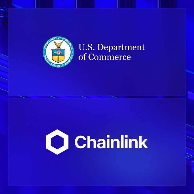 A blue graphic displaying the U.S. Department of Commerce seal alongside the Chainlink logo, suggesting a partnership or announcement.