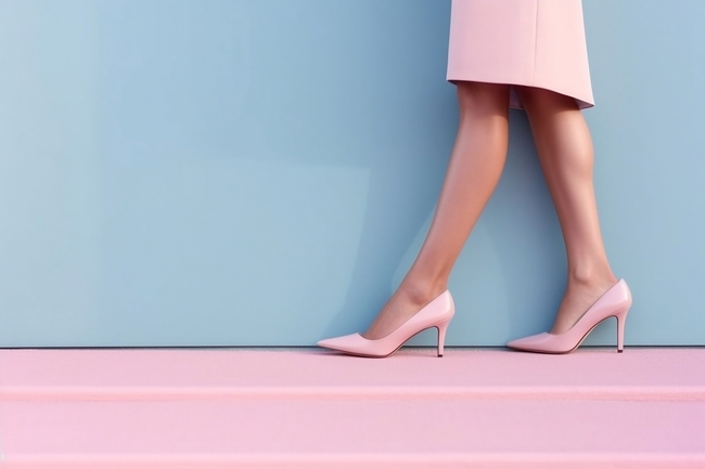 The central subject of this image is a set of feet and lower legs. The legs are bare, small, and skinny with stylish pink pumps. This has been edited onto a pink step with a background wall behind the leg and step, increasing its brightness to the point of white saturation.