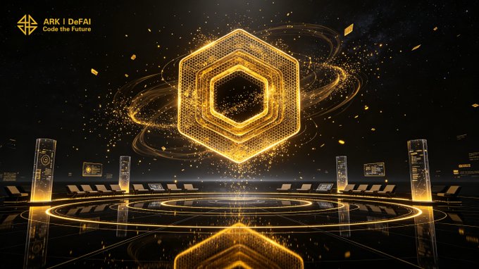 A promotional graphic for 'ARK | DeFAI' with the tagline 'Code the Future' featuring a glowing golden hexagonal shape against a dark, starry background.