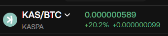 A cryptocurrency price ticker for KAS/BTC (Kaspa) showing a price of 0.000000589 with a +20.2% gain.