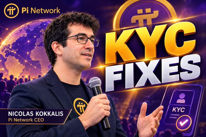 A promotional graphic features Nicolas Kokkalis, Pi Network CEO, speaking into a microphone next to large 'KYC FIXES' text, with the Pi Network logo and a globe graphic in the background.