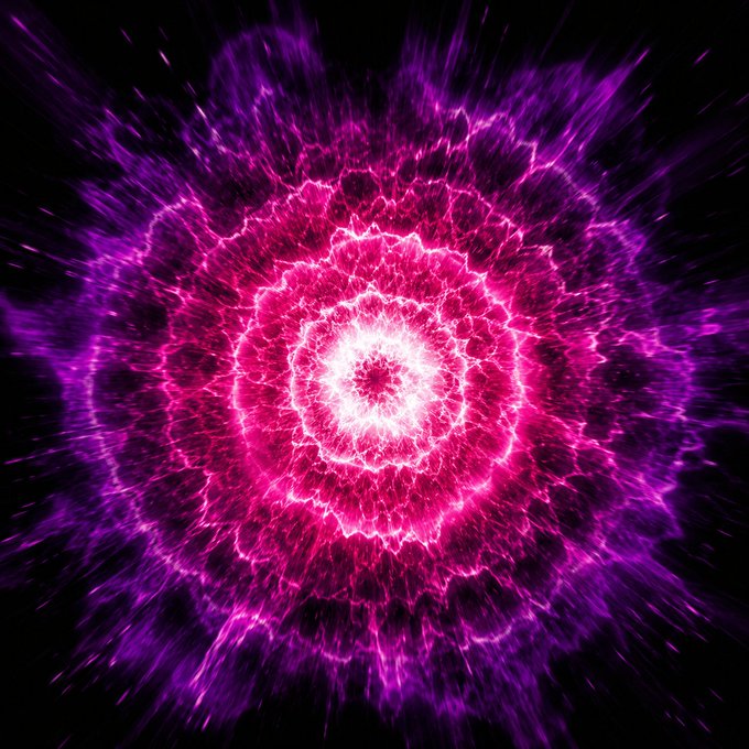 A vibrant abstract image features a radial burst of pink and purple energy or electric-like patterns against a solid black background.