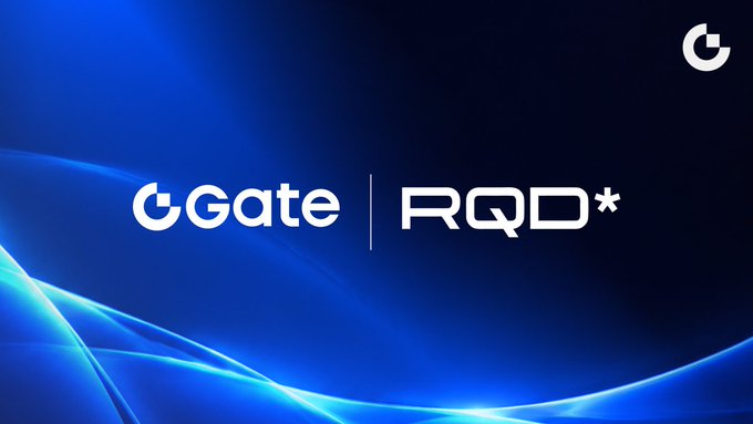 Blue promotional banner for Gate.io displaying the 'Gate | RQD*' partnership or listing announcement.