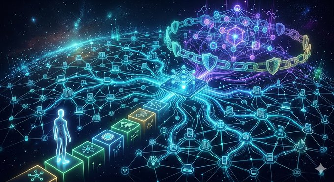 A vibrant digital network illustration features a glowing human figure standing on colorful blockchain nodes connected by illuminated pathways, with a central chip and shield-and-chain emblem symbolizing security and decentralized infrastructure. The imagery visually reinforces the post's theme of investing in projects with enduring foundational logic, using @quipnetwork's interconnected, secure network aesthetic as a metaphor for long-term technological value over fleeting trends.