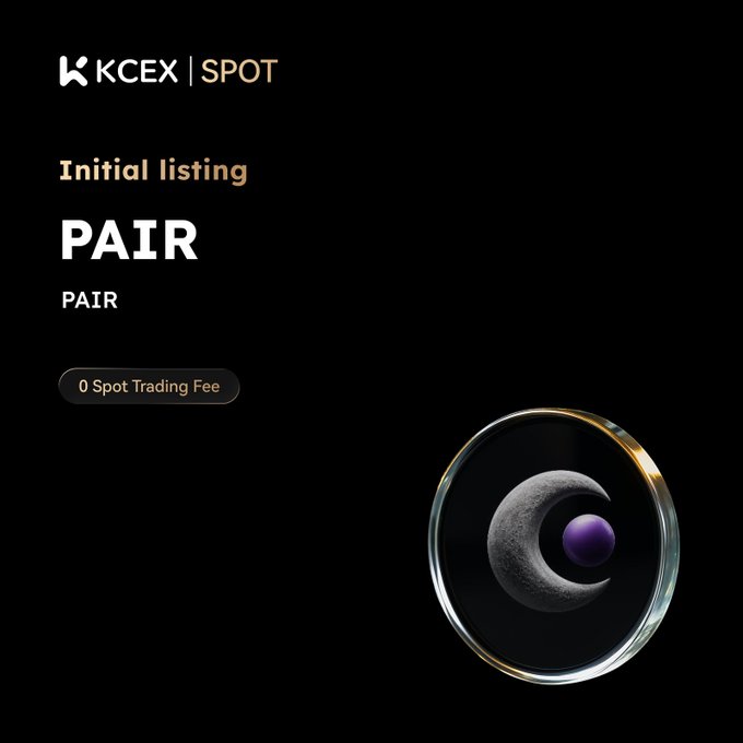 A promotional graphic for KCEX Spot featuring an 'Initial listing' announcement for 'PAIR', highlighting '0 Spot Trading Fee' alongside a 3D-rendered crescent moon and sphere icon.