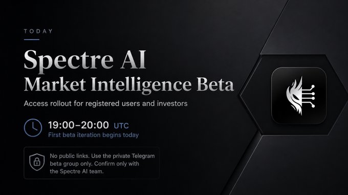 The image shows a black background with white text that reads "Today, the first iteration of Spectre AI Market Intelligence Beta begins rolling out. Users and investors will start receiving access around 19:00-20:00 UTC." The text also mentions that the beta version is being released in private, so it's not available for public viewing yet.