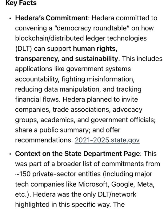 A 'Key Facts' text excerpt discussing Hedera's commitment to convening a 'democracy roundtable' on blockchain/DLT supporting human rights, transparency, and sustainability, noting Hedera was the only DLT network highlighted among ~150 private-sector entities on the State Department page.
