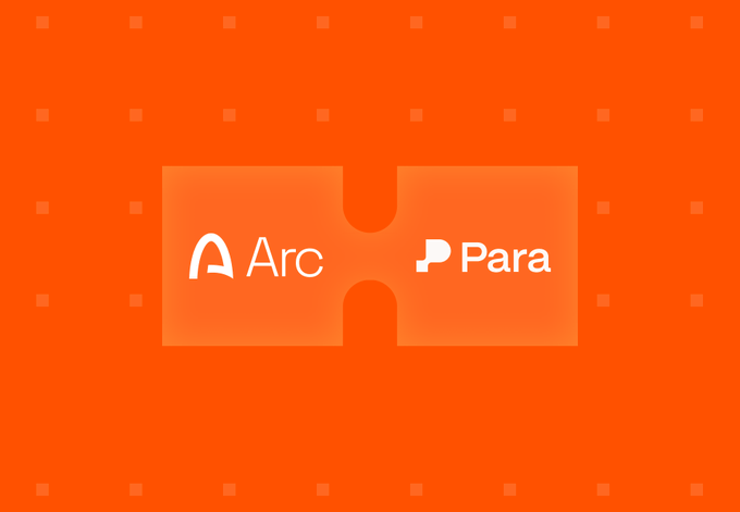 The orange image features the "Arc" and "Para" logos connected by a puzzle-piece shape, visually symbolizing their integration as Para's wallet platform launches on Arc mainnet from day one.