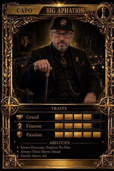 The image features a man wearing glasses, a hat, and a suit sitting down with his hands on his lap. The man appears to be a character from a video game or movie, possibly a character named Capo. He has a gold frame around him, which adds an air of sophistication to the scene. The background is black, providing contrast to the gold elements in the foreground and making the character stand out more prominently.