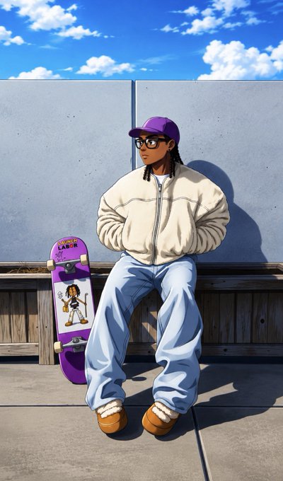 An animated illustration of a person in a cream jacket, purple cap, and light blue jeans leaning against a wall with a purple skateboard, set against a bright blue sky.