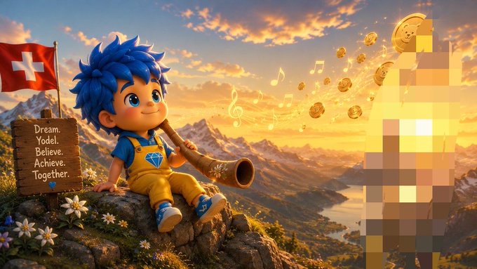 A cartoon-style blue-haired child in yellow overalls plays a horn in a sunny mountain landscape, with a Swiss flag and a sign reading “Dream. Yodel. Believe. Achieve. Together.” Floating coins and musical notes appear nearby.