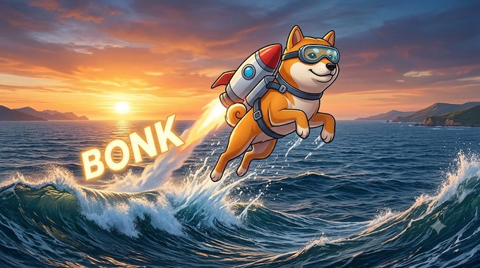A cartoon Shiba Inu dog wearing goggles and a rocket pack flies over ocean waves at sunset, with the word 'BONK' written in glowing orange letters on the water.