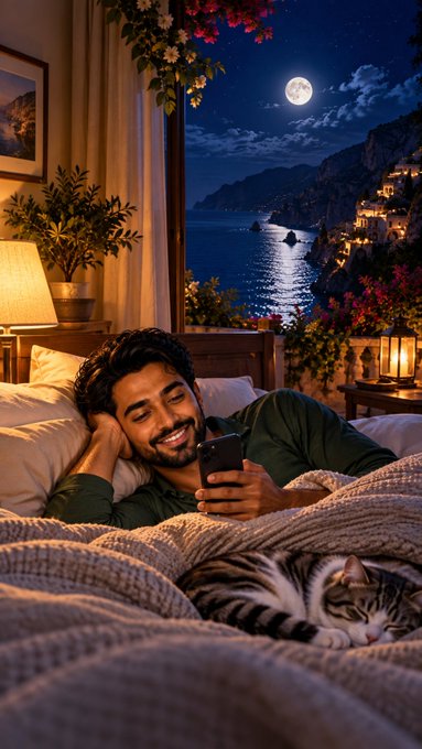 A warm, cozy illustration of a smiling man in bed looking at his phone, with a tabby cat sleeping on the blanket nearby. A large window reveals a moonlit coastal town at night.