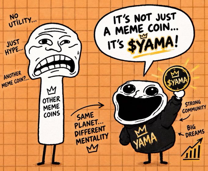 A cartoon meme comparing 'OTHER MEME COINS' (depicted as a worried figure with 'NO UTILITY... JUST HYPE...') to $YAMA, described as having a 'STRONG COMMUNITY' and 'BIG DREAMS' with the tagline 'SAME PLANET... DIFFERENT MENTALITY'.