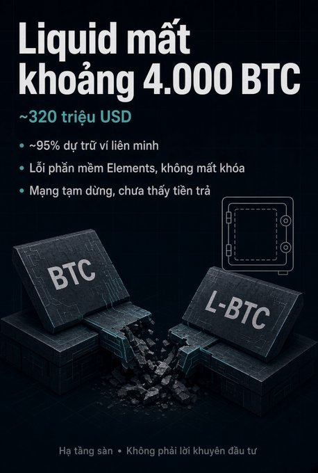 Vietnamese-language promotional graphic for BTC and L-BTC assets, titled 'Liquid mật khoảng 4.000 BTC ~320 triệu USD', featuring 3D dark block graphics breaking apart.