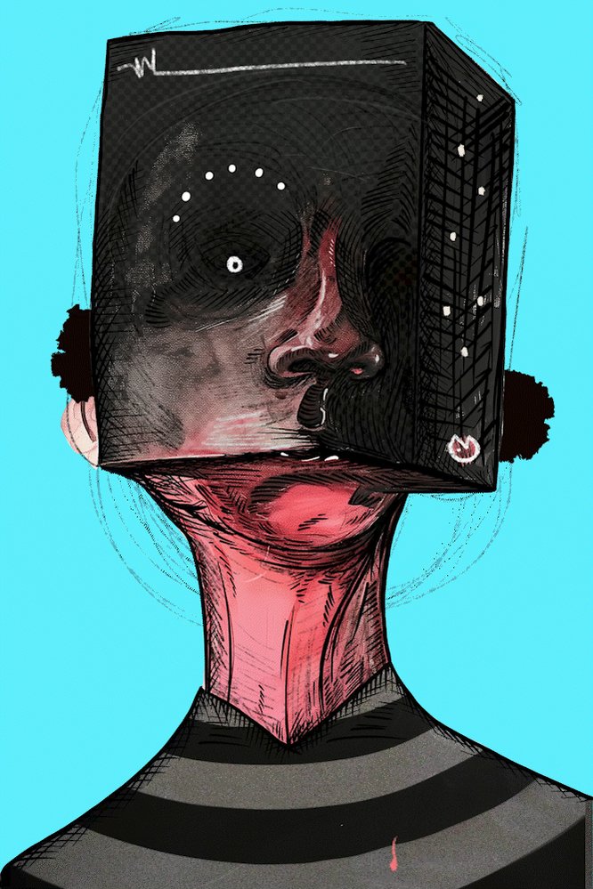 "GM" stands for "Global Media", which could be a company or an organization that produces, distributes, or promotes media content such as movies, TV shows, music, books, or other forms of entertainment. The image features a cartoon-style drawing of a person with a face and head, wearing a black mask and striped shirt. This artwork might have been created by someone who is interested in the concept of anonymity or the idea of being "plugged into" global media channels.