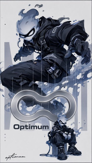 Anime-style artwork featuring a figure in tactical gear with a flame-like head, alongside the text 'Optimum' and an infinity symbol.