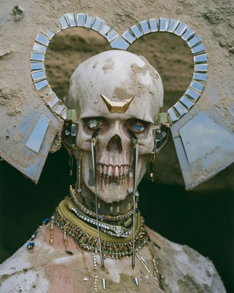 The image shows a human figure wearing an intricate, costume-like outfit that resembles a skeleton with a crown of mirrors. The dress consists of multiple layers and pieces, creating a unique and detailed appearance. The backdrop features a rocky wall with a large mirror behind the person's head. The post is titled "The Last Garden of the Gods on 8NAP" and provides information about the current price for purchasing this artwork.