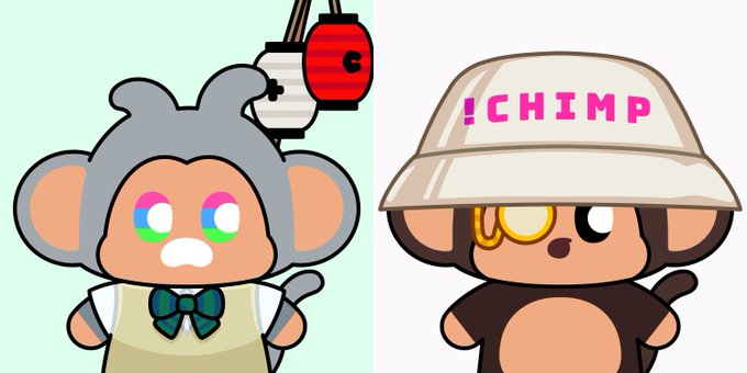Two cartoon monkey characters side by side: a gray-haired monkey with rainbow eyes and a bow tie, and a brown monkey wearing a white bucket hat reading '!CHIMP'.