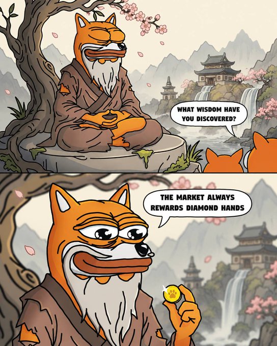 A wise cartoon fox sage meditates beneath cherry blossoms, telling his student "What wisdom have you discovered?" and answering "The market always rewards diamond hands" while holding a Bitcoin coin. The image playfully ties to "let conviction cook" by illustrating the classic "diamond hands" crypto mantra, suggesting that true market wisdom comes from unwavering patience and holding through volatility.