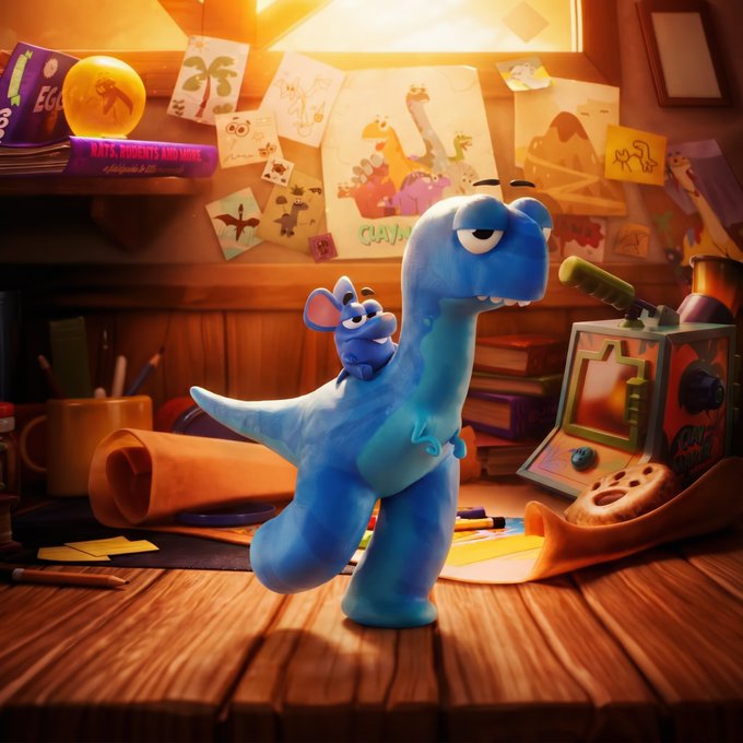 A 3D-animated scene of a blue toy dinosaur with a small mouse on its back, standing on a desk in a child's bedroom decorated with dinosaur drawings and a claw machine toy.