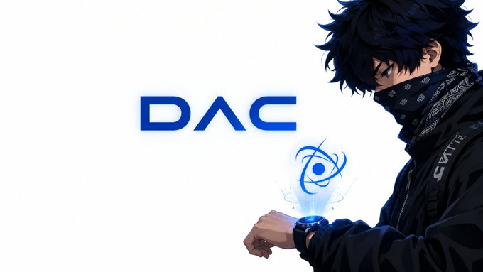 An anime-style illustration of a character with dark hair and a bandana covering the lower half of their face, next to the blue 'DAC' logo and a glowing blue tech symbol on their wrist.